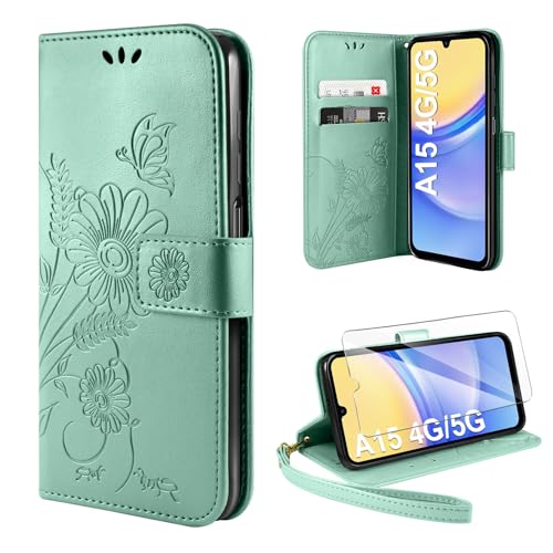 ivencase Handyhülle für Samsung Galaxy A15 4G/5G Hülle mit 1 Stück Hartglas Schutzfolie, Flip Lederhülle Tasche Case Magnet Kartenfach Schutzhülle für Samsung Galaxy A15 - Hellgrün von ivencase