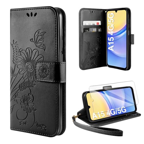 ivencase Handyhülle für Samsung Galaxy A15 4G/5G Hülle mit 1 Stück Hartglas Schutzfolie, Flip Lederhülle Tasche Case Magnet Kartenfach Schutzhülle für Samsung Galaxy A15 - Schwarz von ivencase