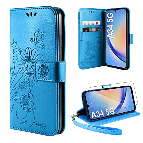 ivencase Handyhülle für Samsung Galaxy A34 5G Hülle mit 1 Stück Hartglas Schutzfolie, Flip Lederhülle Tasche Case Magnet Kartenfach Schutzhülle für Samsung Galaxy A34 (Blau) von ivencase