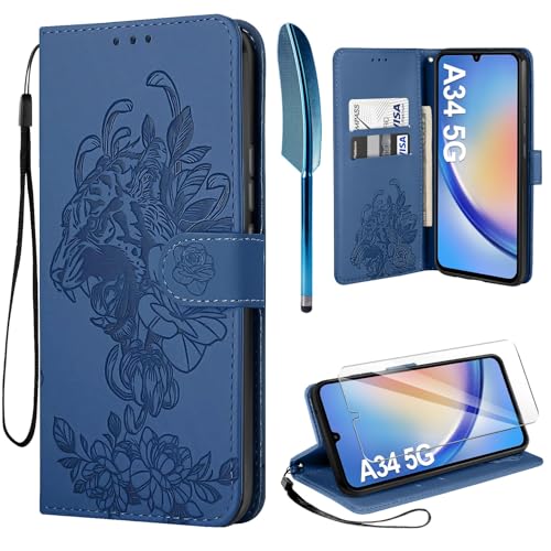 ivencase Handyhülle für Samsung Galaxy A34 5G Hülle mit Schutzfolie, Flip Lederhülle Wallet Tasche Kartensteckplätzen Magnetverschluss Standfunktion für Samsung A34 5G Hülle - Blau von ivencase