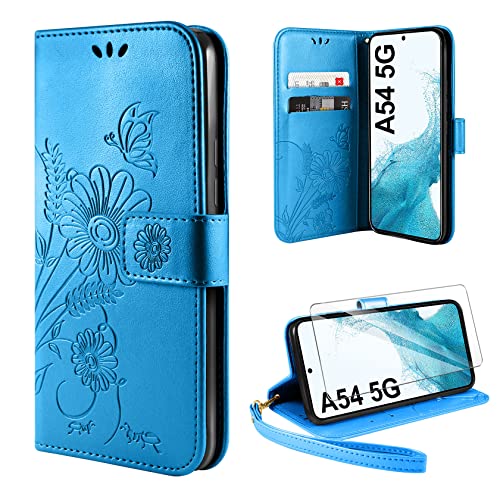 ivencase Handyhülle für Samsung Galaxy A54 5G Hülle mit 1 Stück Hartglas Schutzfolie, Flip Lederhülle Tasche Case Magnet Kartenfach Schutzhülle für Samsung Galaxy A54 (Blau) von ivencase