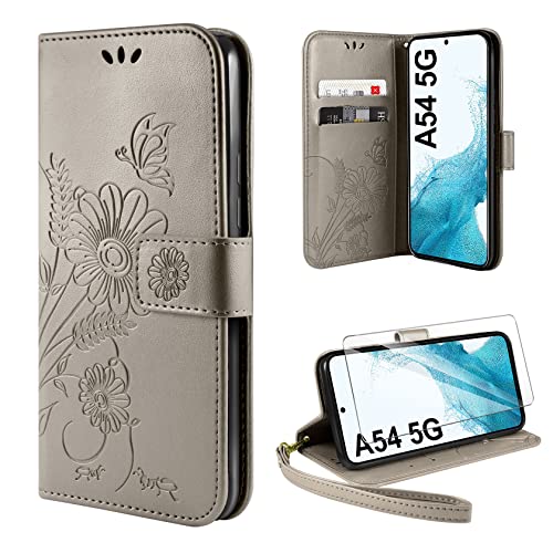 ivencase Handyhülle für Samsung Galaxy A54 5G Hülle mit 1 Stück Hartglas Schutzfolie, Flip Lederhülle Tasche Case Magnet Kartenfach Schutzhülle für Samsung Galaxy A54 (Grau) von ivencase