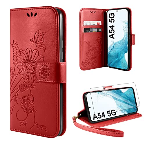 ivencase Handyhülle für Samsung Galaxy A54 5G Hülle mit 1 Stück Hartglas Schutzfolie, Flip Lederhülle Tasche Case Magnet Kartenfach Schutzhülle für Samsung Galaxy A54 (Rot) von ivencase