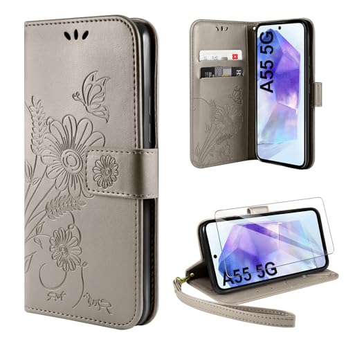 ivencase Handyhülle für Samsung Galaxy A55 5G Hülle mit 1 Stück Hartglas Schutzfolie, Flip Lederhülle Tasche Case Magnet Kartenfach Schutzhülle für Samsung Galaxy A55 (Grau) von ivencase