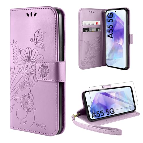 ivencase Handyhülle für Samsung Galaxy A55 5G Hülle mit 1 Stück Hartglas Schutzfolie, Flip Lederhülle Tasche Case Magnet Kartenfach Schutzhülle für Samsung Galaxy A55 (Hellviolett) von ivencase