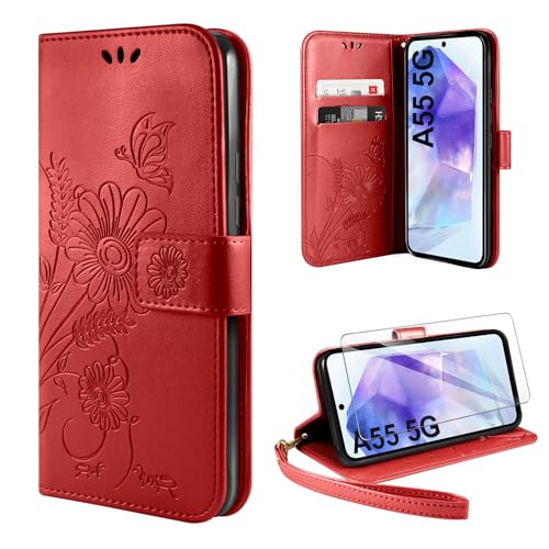 ivencase Handyhülle für Samsung Galaxy A55 5G Hülle mit 1 Stück Hartglas Schutzfolie, Flip Lederhülle Tasche Case Magnet Kartenfach Schutzhülle für Samsung Galaxy A55 (Rot) von ivencase