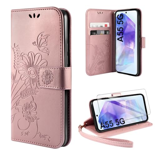 ivencase Handyhülle für Samsung Galaxy A55 5G Hülle mit 1 Stück Hartglas Schutzfolie, Flip Lederhülle Tasche Case Magnet Kartenfach Schutzhülle für Samsung Galaxy A55 - Roségold von ivencase