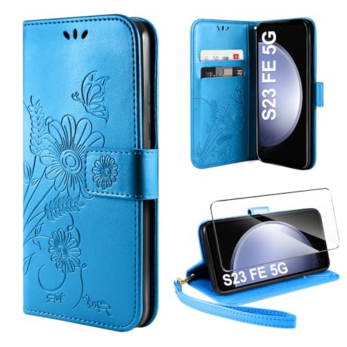 ivencase Handyhülle für Samsung Galaxy S23 FE 5G Hülle mit 1 Stück Hartglas Schutzfolie, Flip Lederhülle Tasche Case Magnet Kartenfach Schutzhülle für Samsung S23 FE (Blau) von ivencase