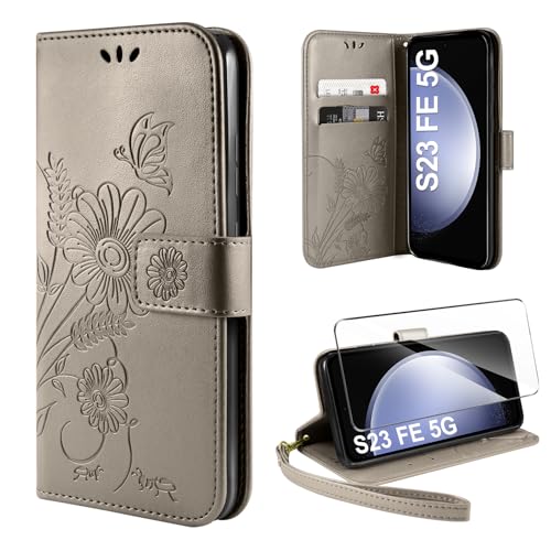 ivencase Handyhülle für Samsung Galaxy S23 FE 5G Hülle mit 1 Stück Hartglas Schutzfolie, Flip Lederhülle Tasche Case Magnet Kartenfach Schutzhülle für Samsung S23 FE (Grau) von ivencase