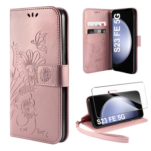 ivencase Handyhülle für Samsung Galaxy S23 FE 5G Hülle mit 1 Stück Hartglas Schutzfolie, Flip Lederhülle Tasche Case Magnet Kartenfach Schutzhülle für Samsung S23 FE (Rosa) von ivencase