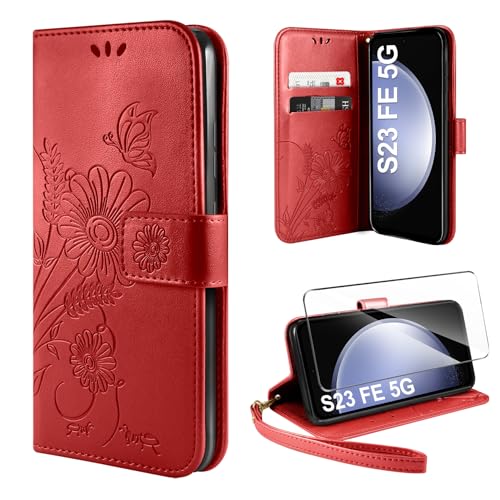 ivencase Handyhülle für Samsung Galaxy S23 FE 5G Hülle mit 1 Stück Hartglas Schutzfolie, Flip Lederhülle Tasche Case Magnet Kartenfach Schutzhülle für Samsung S23 FE (Rot) von ivencase