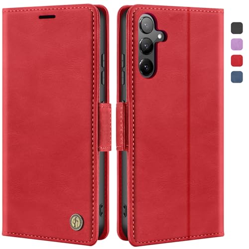 ivencase Handyhülle für Samsung Galaxy S24 Hülle mit Schutzfolie, Premium Leder Brieftasche [Klappbar Ständer Kartenfach] Wallet Schutzhülle für Samsung S24 Flip Case Tasche-Rot von ivencase