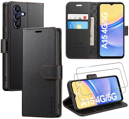 ivencase LederHülle für Samsung Galaxy A15 4G/5G Hülle und 2 Stück Schutzfolie,Premium PU Schutzhülle Flip mit Tasche Brieftasche Magnetverschluss handyhülle für Samsung A15 4G/5G Hülle - Schwarz von ivencase