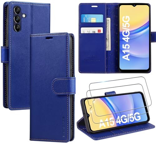 ivencase LederHülle für Samsung Galaxy A15 4G/5G Hülle und 2 Stück Schutzfolie,Premium PU Schutzhülle Flip mit Tasche Brieftasche Magnetverschluss handyhülle für Samsung A15 4G/5G Hülle - Blau von ivencase