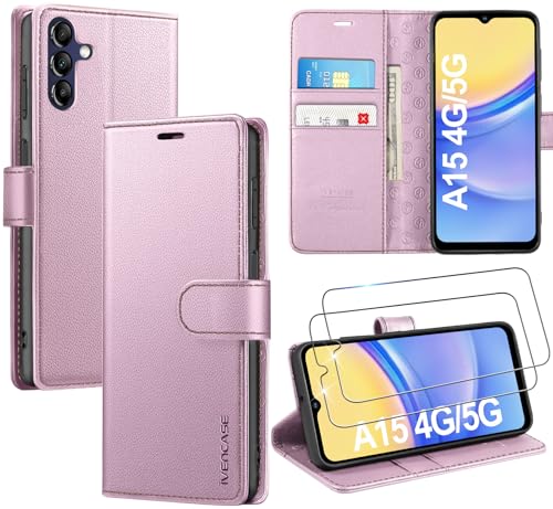 ivencase LederHülle für Samsung Galaxy A15 4G/5G Hülle und 2 Stück Schutzfolie,Premium PU Schutzhülle Flip mit Tasche Brieftasche Magnetverschluss handyhülle für Samsung A15 4G/5G Hülle - Rosa von ivencase
