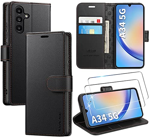 ivencase LederHülle für Samsung Galaxy A34 5G Hülle und 2 Stück Panzerglas,Premium PU Schutzhülle Flip mit Tasche Brieftasche Magnetverschluss handyhülle für Samsung A34 5G Hülle - Schwarz von ivencase