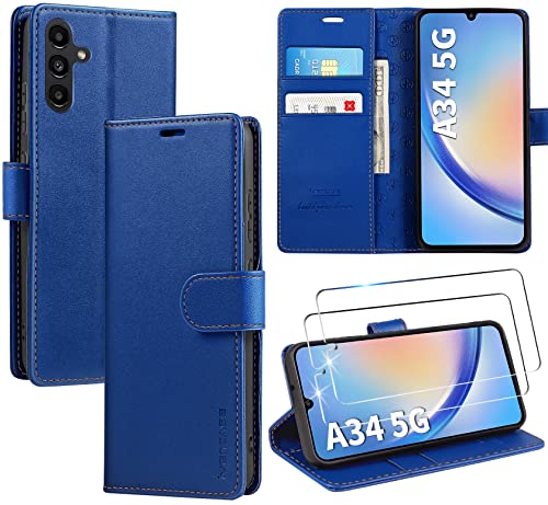ivencase LederHülle für Samsung Galaxy A34 5G Hülle und 2 Stück Schutzfolie,Premium PU Schutzhülle Flip mit Tasche Brieftasche Magnetverschluss handyhülle für Samsung A34 5G Hülle - Blau von ivencase