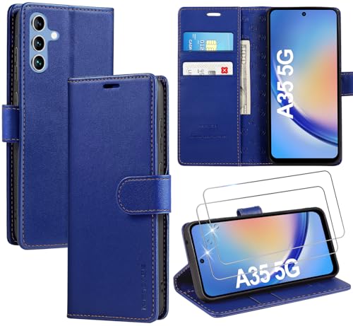 ivencase LederHülle für Samsung Galaxy A35 5G Hülle und 2 Stück Schutzfolie,Premium PU Schutzhülle Flip mit Tasche Brieftasche Magnetverschluss handyhülle für Samsung A35 5G Hülle (Blau) von ivencase