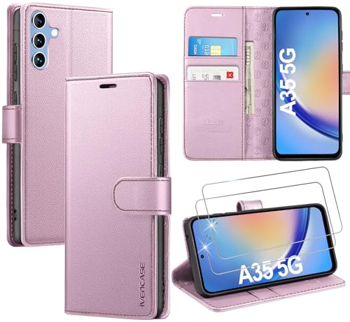 ivencase LederHülle für Samsung Galaxy A35 5G Hülle und 2 Stück Schutzfolie,Premium PU Schutzhülle Flip mit Tasche Brieftasche Magnetverschluss handyhülle für Samsung A35 5G Hülle (Rosa) von ivencase