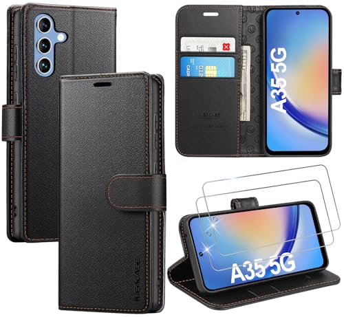 ivencase LederHülle für Samsung Galaxy A35 5G Hülle und 2 Stück Schutzfolie,Premium PU Schutzhülle Flip mit Tasche Brieftasche Magnetverschluss handyhülle für Samsung A35 5G Hülle (Schwarz) von ivencase