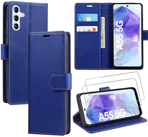 ivencase LederHülle für Samsung Galaxy A55 5G Hülle und 2 Stück Schutzfolie,Premium PU Schutzhülle Flip mit Tasche Brieftasche Magnetverschluss handyhülle für Samsung A55 5G Hülle - Blau von ivencase