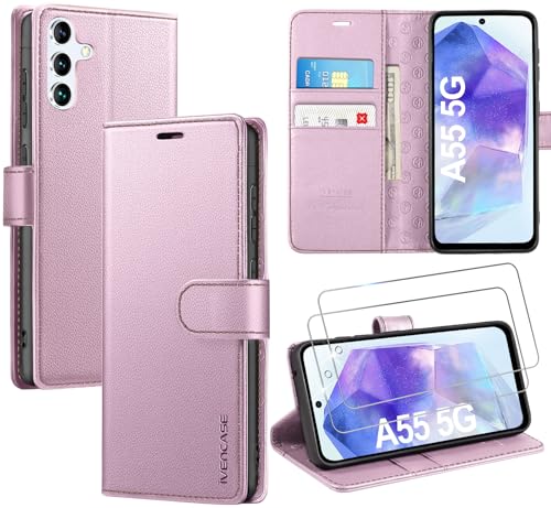 ivencase LederHülle für Samsung Galaxy A55 5G Hülle und 2 Stück Schutzfolie,Premium PU Schutzhülle Flip mit Tasche Brieftasche Magnetverschluss handyhülle für Samsung A55 5G Hülle - Rosa von ivencase