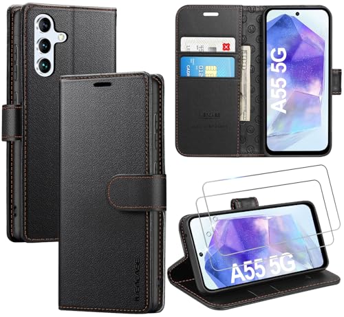 ivencase LederHülle für Samsung Galaxy A55 5G Hülle und 2 Stück Schutzfolie,Premium PU Schutzhülle Flip mit Tasche Brieftasche Magnetverschluss handyhülle für Samsung A55 5G Hülle - Schwarz von ivencase