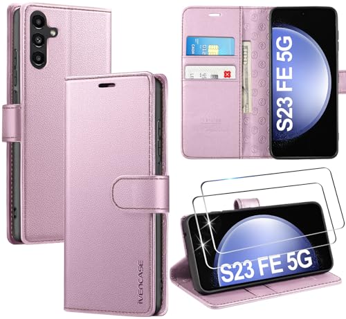 ivencase LederHülle für Samsung Galaxy S23 FE 5G Hülle und 2 Stück Schutzfolie,Premium PU Schutzhülle Flip mit Tasche Brieftasche Magnetverschluss handyhülle für Samsung S23 FE 5G Hülle - (Rosa) von ivencase
