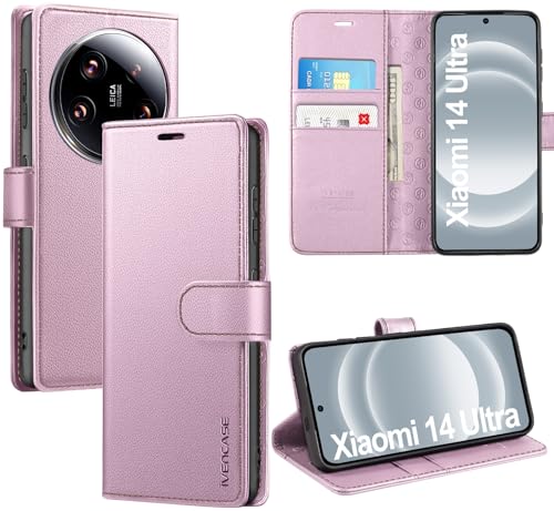 ivencase LederHülle für Xiaomi 14 Ultra Hülle, Premium PU Schutzhülle Flip mit Tasche Brieftasche Magnetverschluss handyhülle für Xiaomi MI 14 Ultra - Rosa von ivencase