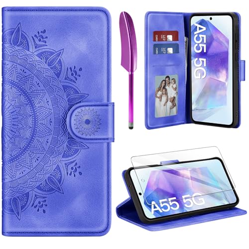 ivencase Lederhülle für Samsung Galaxy A55 5G Hülle und Schutzfolie, Premium Klappbar Handyhülle Flip Wallet, [Kartenfach] [PU Leder] [Ständer] Schutzhülle Kompatibel mit Samsung A55 5G, Lila von ivencase