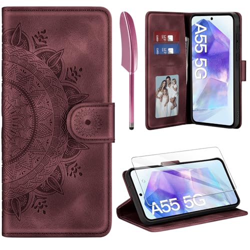 ivencase Lederhülle für Samsung Galaxy A55 5G Hülle und Schutzfolie, Premium Klappbar Handyhülle Flip Wallet, [Kartenfach] [PU Leder] [Ständer] Schutzhülle Kompatibel mit Samsung A55 5G, Weinrot von ivencase