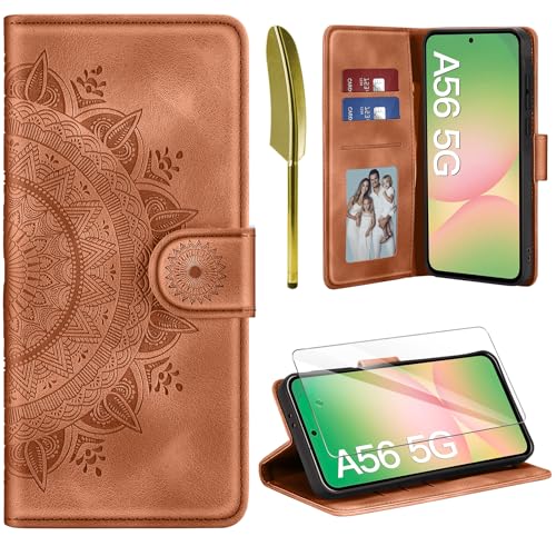 ivencase Lederhülle für Samsung Galaxy A56 5G Hülle und Schutzfolie, Premium Klappbar Handyhülle Flip Wallet, [Kartenfach] [PU Leder] [Ständer] Schutzhülle Kompatibel mit Samsung A56 5G, Braun von ivencase