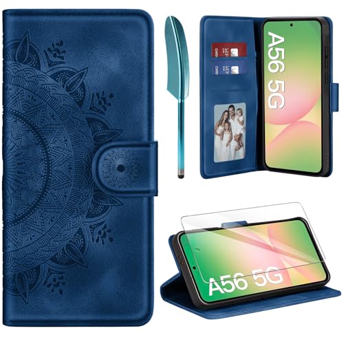 ivencase Lederhülle für Samsung Galaxy A56 5G Hülle und Schutzfolie, Premium Klappbar Handyhülle Flip Wallet, [Kartenfach] [PU Leder] [Ständer] Schutzhülle Kompatibel mit Samsung A56 5G, Dunkelblau von ivencase