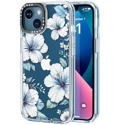ivencase für iPhone 13/14 Hülle 6.1 Zoll, Blaue Blume Design Handyhülle für Mädchen, [Stoßfest Weiche TPU Bumper + Harte Acryl], Nie Vergilbung Durchsichtig Dünn Schutzhülle iPhone 13/14 von ivencase