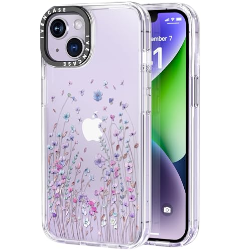 ivencase für iPhone 13/14 Hülle 6.1 Zoll, Blumen- und Grasmuster Design Handyhülle für Mädchen, [Stoßfest Weiche TPU Bumper + Harte Acryl], Nie Vergilbung Durchsichtig Dünn Schutzhülle iPhone 13/14 von ivencase