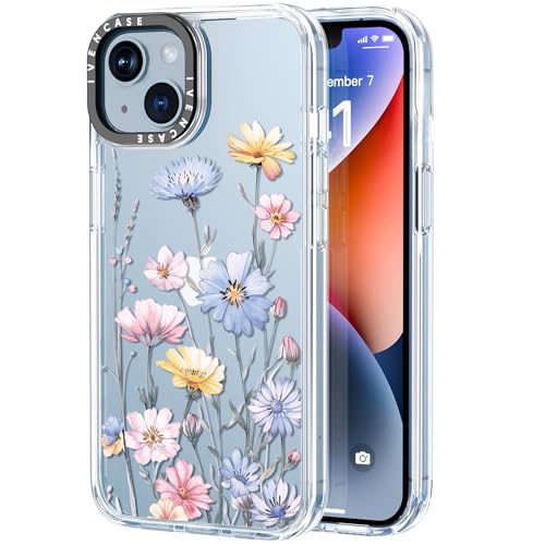 ivencase für iPhone 13/14 Hülle 6.1 Zoll, Buntes Blumenmuster Handyhülle für Mädchen, [Stoßfest Weiche TPU Bumper + Harte Acryl], Nie Vergilbung Durchsichtig Dünn Schutzhülle iPhone 13/14 von ivencase