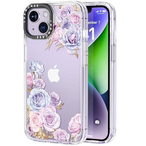ivencase für iPhone 13/14 Hülle 6.1 Zoll, Lila Rose Muster Handyhülle für Mädchen, [Stoßfest Weiche TPU Bumper + Harte Acryl], Nie Vergilbung Durchsichtig Dünn Schutzhülle iPhone 13/14 von ivencase