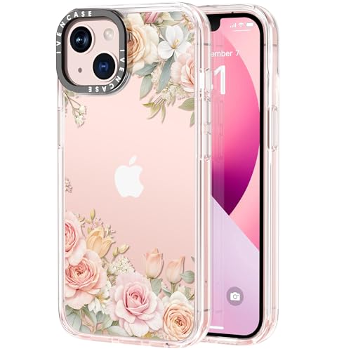 ivencase für iPhone 13/14 Hülle 6.1 Zoll, Rosa Rosen-Muster Handyhülle für Mädchen, [Stoßfest Weiche TPU Bumper + Harte Acryl], Nie Vergilbung Durchsichtig Dünn Schutzhülle iPhone 13/14 von ivencase