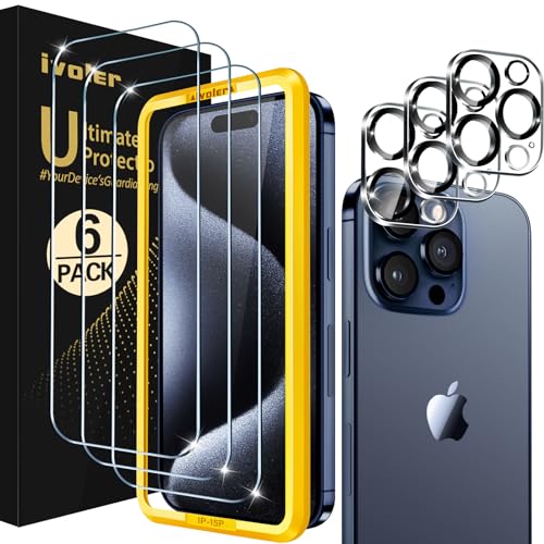 ivoler 3+3 Stück Panzer Schutz Glas Kompatibel für iPhone 15 Pro Max 6.7 Zoll, 3 Stücke Schutzfolie Mit 3 Stück Kameraschutz und Positionierhilfe, 9H Härte, HD Klar, Anti-Kratz, Anti-Bläschen ivoler 3+3 Stück Panzer Schutz Glas Kompatibel für iPhone 15 Pro Max 6.7 Zoll, 3 Stücke Schutzfolie Mit 3 Stück Kameraschutz und Positionierhilfe, 9H Härte, HD Klar, Anti-Kratz, Anti-Bläschen von ivoler