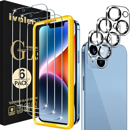 ivoler 3+3 Stück Schutz Glas Kompatibel für iPhone 14 Plus 6.7 Zoll, 3 Stücke Schutzfolie Mit 3 Stück Kameraschutz und Positionierhilfe, 9H Härte, HD Klar, Anti-Kratz, Anti-Bläschen von ivoler