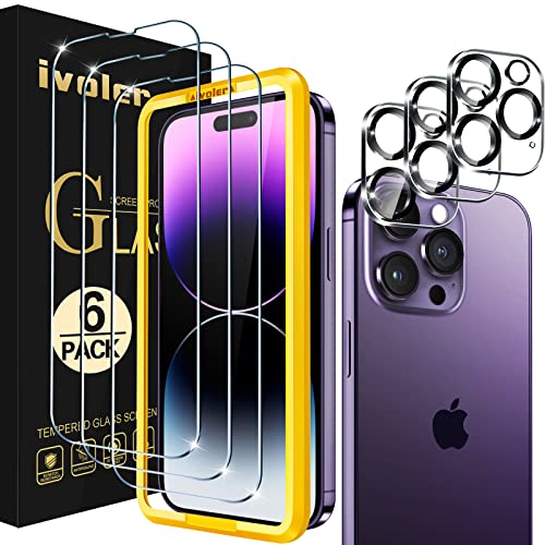 ivoler 3+3 Stück Schutz Glas Kompatibel für iPhone 14 Pro 6.1 Zoll, 3 Stücke Schutzfolie Mit 3 Stück Kameraschutz und Positionierhilfe, 9H Härte, HD Klar, Anti-Kratz, Anti-Bläschen von ivoler