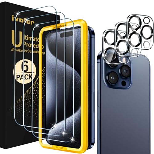 ivoler 3+3 Stück Schutzfolie Kompatibel für iPhone 15 Pro 6.1 Zoll, 3 Stücke Schutzfolie Mit 3 Stück Kameraschutz und Positionierhilfe, 9H Härte, HD Klar, Anti-Kratz, Anti-Bläschen von ivoler