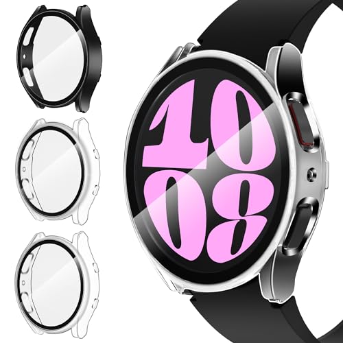 ivoler 3 Stück Hard PC Hülle mit Glas Displayschutz für Samsung Galaxy Watch 6 44mm, Vollständige Abdeckung Schutzhülle Ultradünne Kratzfest Schutz Case, 2 Transparent + 1 Schwarz von ivoler