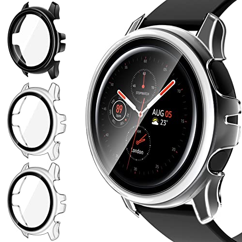 ivoler 3 Stück Hard PC Hülle mit Glas Displayschutz für Samsung Galaxy Watch Active 2 44mm, Vollständige Abdeckung Schutzhülle Ultradünne Kratzfest Schutz Case, 2 Transparent + 1 Schwarz von ivoler