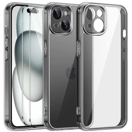 ivoler 3 in 1 Hülle Kompatibel für iPhone 15 6.1 Zoll, mit 2 Stück Panzer Schutz Glas, [Nie Vergilbung] [Kameraschutz] Dünn Transparent Stoßfest Schutzhülle Kratzfest Case - Schwarz von ivoler