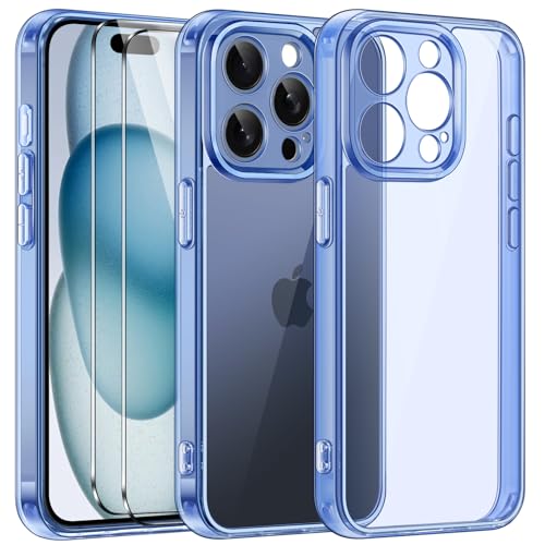 ivoler 3 in 1 Hülle für iPhone 15 Pro 6.1 Zoll, mit 2 Stück Schutzfolie, [Nie Vergilbung] [Militärischer Schutz] [Kameraschutz] Dünn Transparent Stoßfest Schutzhülle Kratzfest Case - Hellblau von ivoler