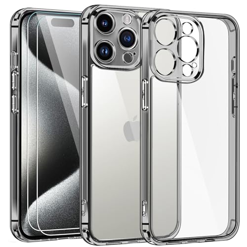 ivoler 3 in 1 Hülle für iPhone 15 Pro 6.1 Zoll, mit 2 Stück Schutzfolie, [Nie Vergilbung] [Militärischer Schutz] [Kameraschutz] Dünn Transparent Stoßfest Schutzhülle Kratzfest Case - Schwarz von ivoler