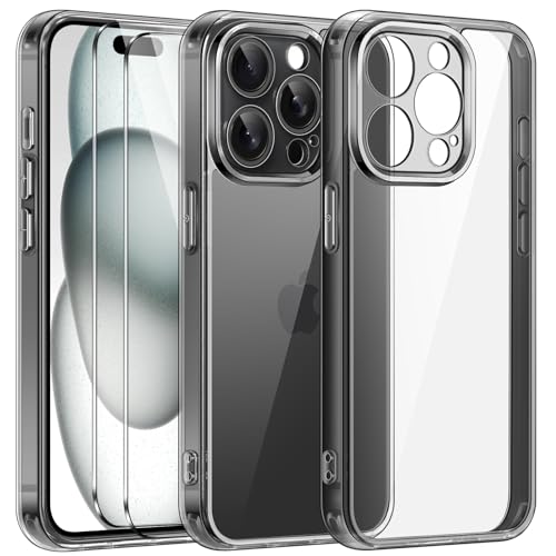 ivoler 3 in 1 Hülle für iPhone 15 Pro 6.1 Zoll, mit 2 Stück Schutzfolie, [Nie Vergilbung] [Militärischer Schutz] [Kameraschutz] Dünn Transparent Stoßfest Schutzhülle Kratzfest Case - Schwarz von ivoler