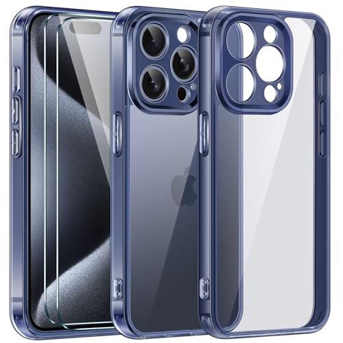 ivoler 3 in 1 Hülle für iPhone 15 Pro 6.1 Zoll, mit 2 Stück Schutzfolie, [Nie Vergilbung] [Militärischer Schutz] [Kameraschutz] Dünn Transparent Stoßfest Schutzhülle Kratzfest Case - Titan Blau von ivoler