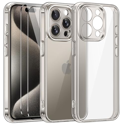 ivoler 3 in 1 Hülle für iPhone 15 Pro 6.1 Zoll, mit 2 Stück Schutzfolie, [Nie Vergilbung] [Militärischer Schutz] [Kameraschutz] Dünn Transparent Stoßfest Schutzhülle Kratzfest Case - Titan Natur von ivoler